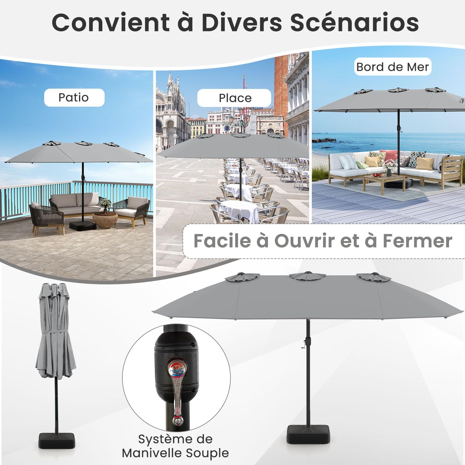 COSTWAY Parasol de Jardin Extérieur XXL avec Pied, Double 4,5 m, 12 Baleines en Métal, 2 Sacs de Sable, Manivelle, Grand Parasol pour 6 Personnes, pour Terrasse, Jardin, Piscine (Gris)