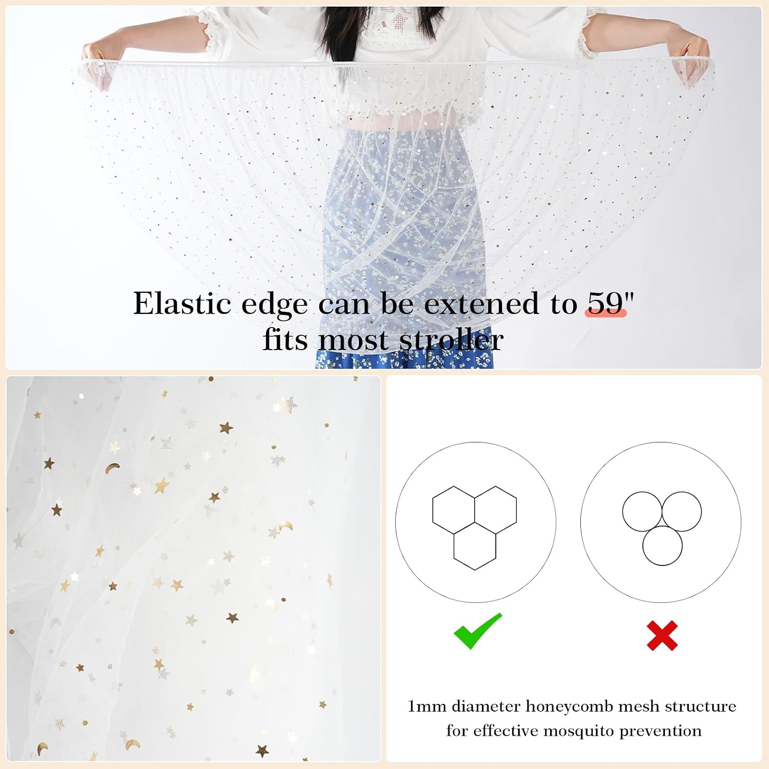 Baby Mosquito Net for Stroller, Perfect Bug Net for Stroller/Bassinets/Cradles/Playards/Pack N Plays and Portable Mini Crib, Durable Baby Insect Netting, White Star
