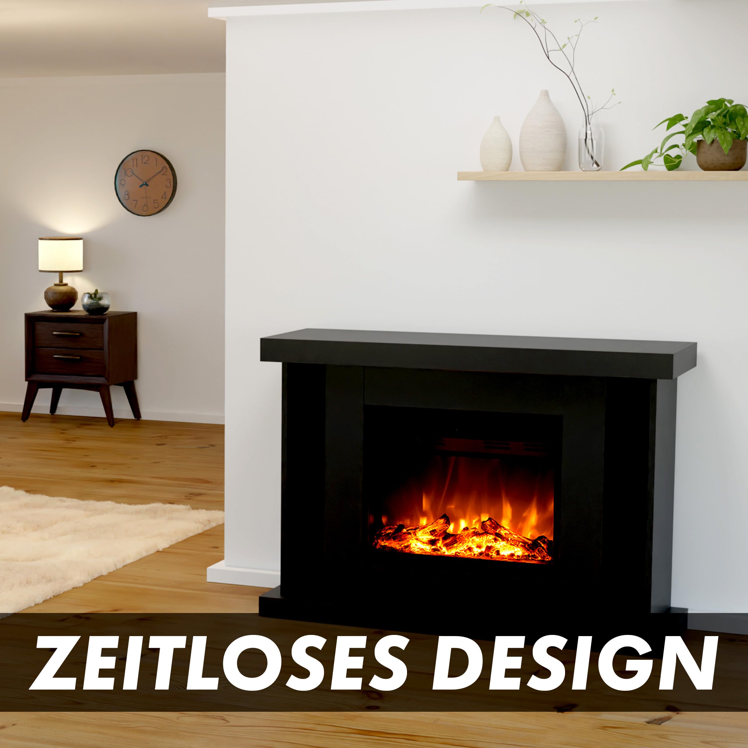GLOW FIRE Wolnostojący kominek TARVOS - Kominek elektryczny z grzałką, płomień LED w 3 kolorach, nawiew, dekoracja drewniana, pilot, 120x84x38 cm, Czarny