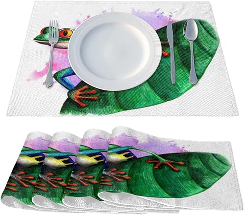 Miniatura 2 de Juego de 4 manteles individuales de decoración de ranas, lavables, impermeables, para fiestas, hogar, comedor, decoración de mesa de 18 x 12 pulgadas