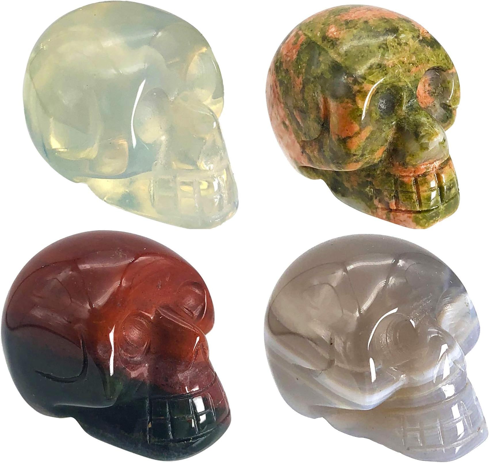 Fekuar 4Pcs Natural Agate & Africa Bloodstone & Unakite & Synthetic Opalite Hand Carved Stone Human Skull Statue Figurine Halloween Party Decoration, 1"(25mm)
