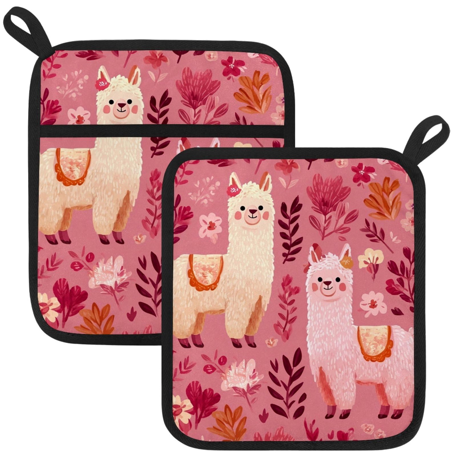 VAPOKF Pink Alpaca Heat Resistant Pot Holders, Thick Pot Holders Pad with Hanging Loop for Kitchen, Oven Cloth Pads for Kitchen Baking Microwave Oven