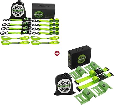 StarLeaparts Motorcycle Tie Down Strap 4PK - 2,100lb Break Strength with Heavy Duty Wheel Chock Tie Down Straps Set 2PK - 4,400lb Max Break Strength