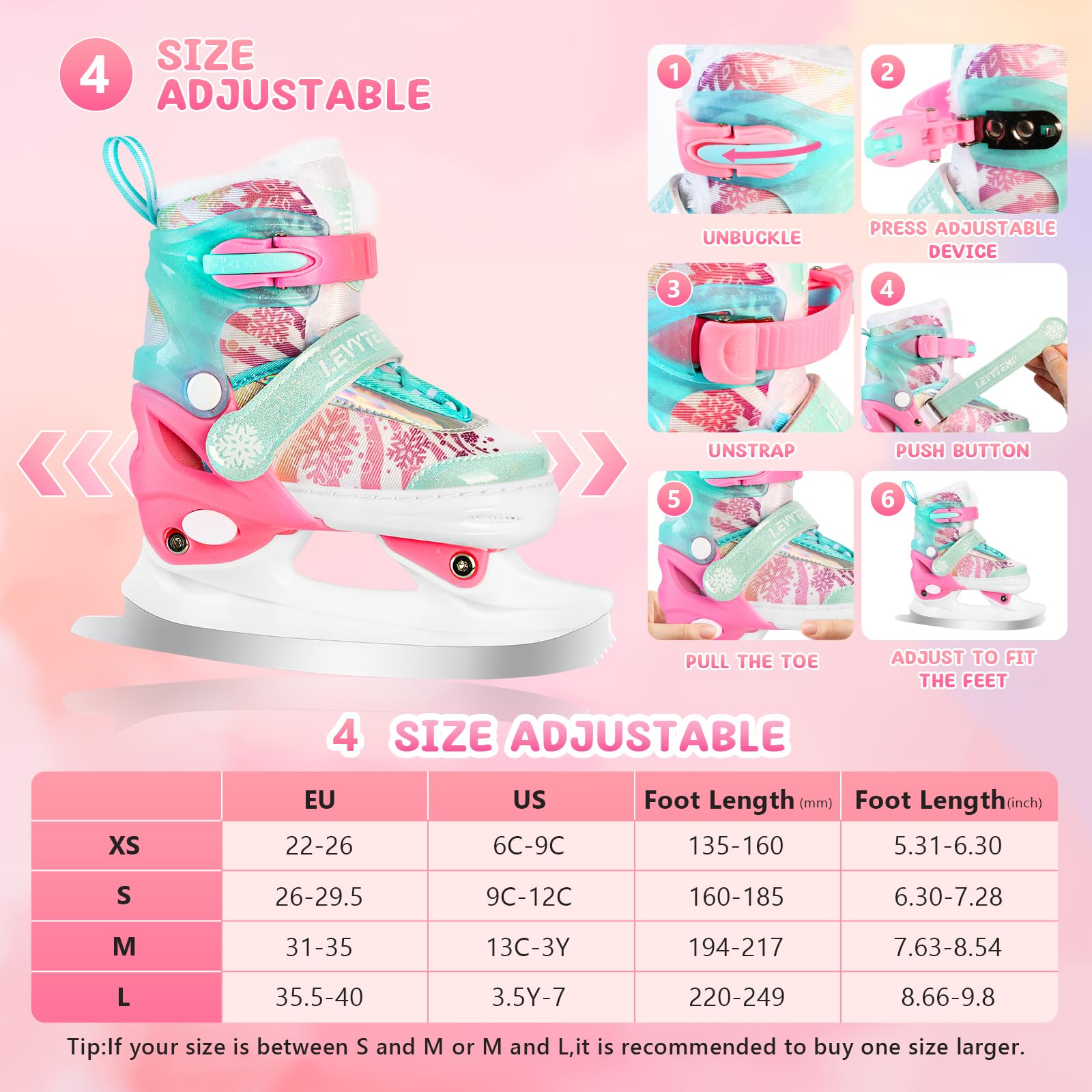 Patines de hielo ajustables para niños y niñas, forro polar cálido, 4 tamaños ajustables para principiantes, cuchillas de copo de nieve, soporte de tobillo, patines artísticos para exteriores