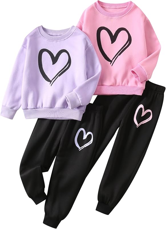 Girls Graphic 4 Piece Outfits Heart Print Workout Hoodie and Sweatpants Fall Winter Clothing Set 4-12 Years