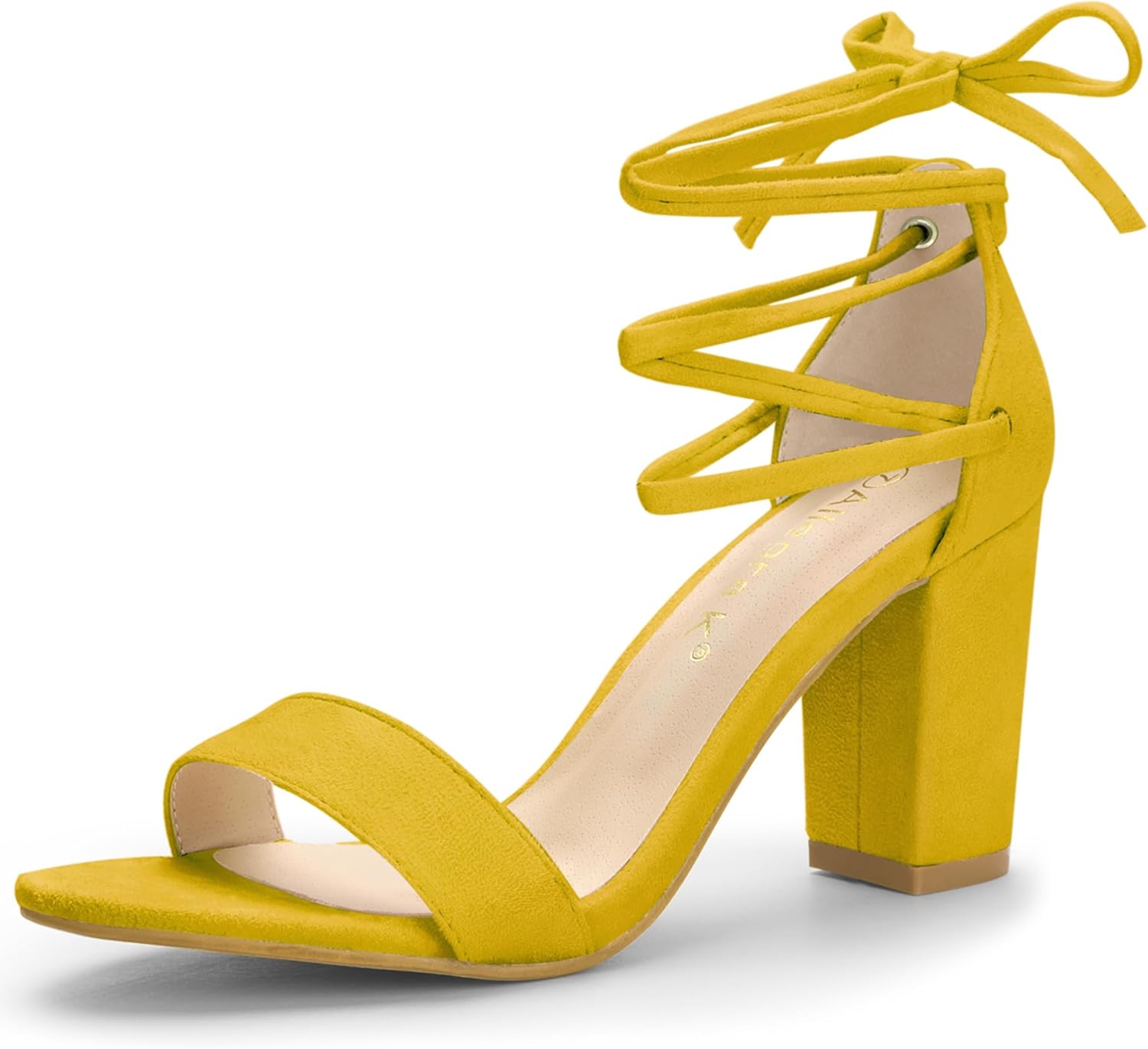 Allegra K Women's Tie Up Strappy Heels Chunky High Heels Yellow Sandal 7 M US