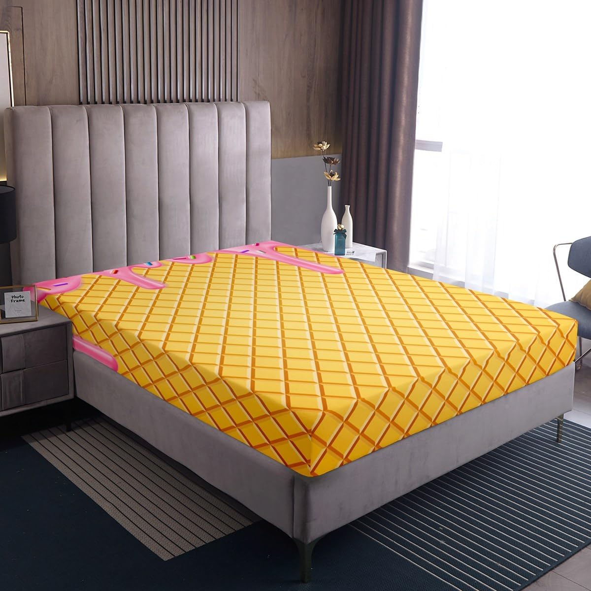 Food Bed Sheets Cartoon Ice Cream Fitted Sheet for Kids Boys Children Sweet Themed Sheets Full,Teen Girls Colorful Sprinkle Bedding Set,Yellow Geometric Patchwork Room Decor