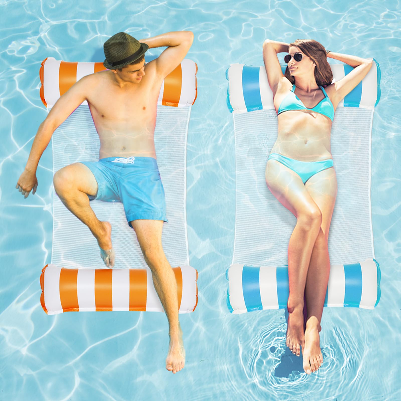 2PCS Flotadores Piscina, 4 en 1 Colchoneta Piscina Hamaca de Agua Flotador Colchoneta Playa, Colchoneta Hinchables para Piscina Adultos