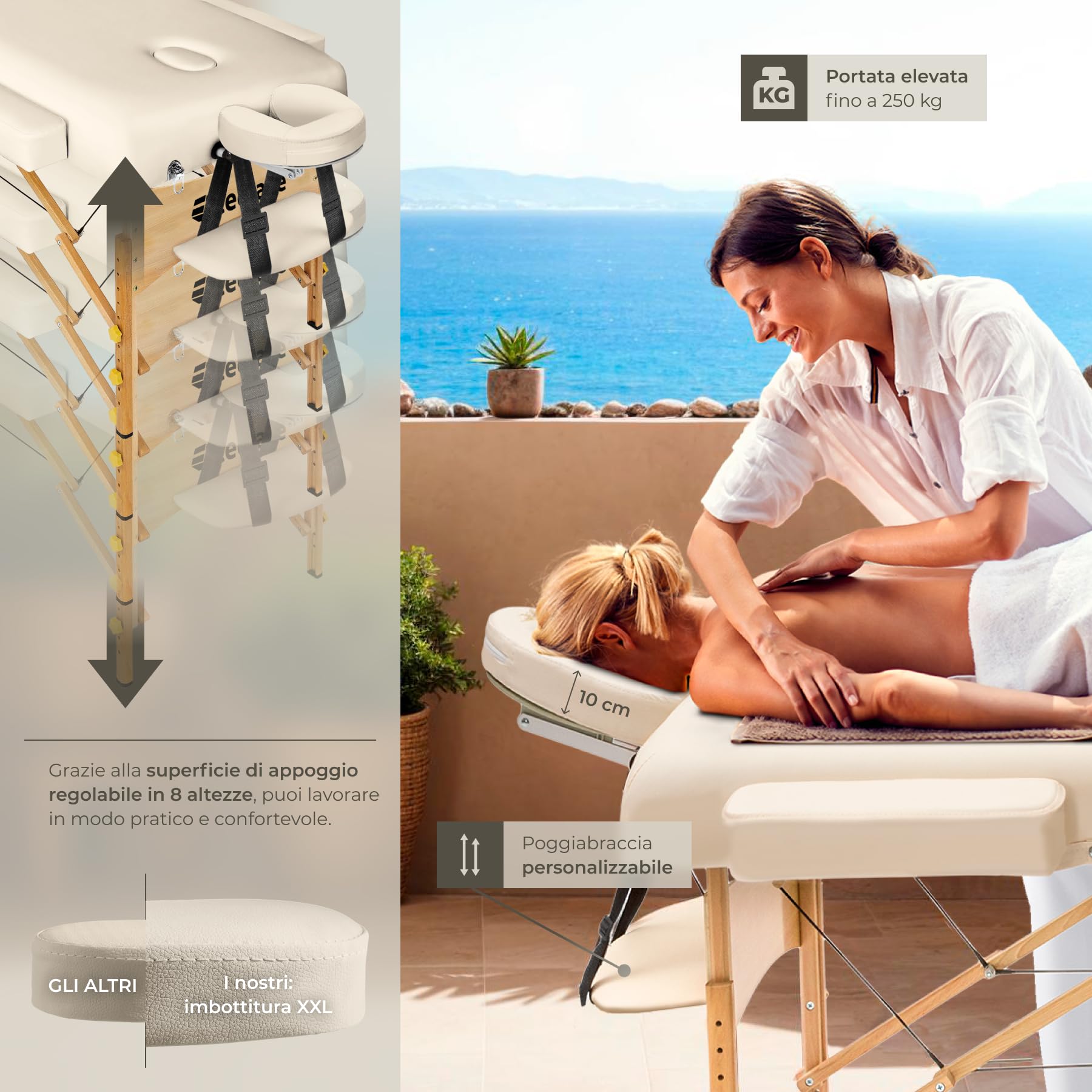 tectake® Lettino Massaggio portatile, Morbida Imbottitura, Poggiatesta, letto pieghevole, Legno, lettino estetista, fisioterapia, Lettino Tattoo - Beige