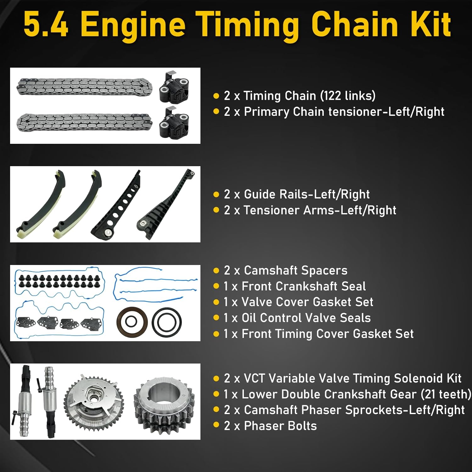 5.4 Triton Timing Chain Kit for Ford F150 F-150 2004-2006 Expedition F250 F350, for Lincoln Navigator Mark LT 2005 2006 5.4L 3V 3R2Z-6A257-DA 3R2Z6A257DA Head Gasket Set Timing Kit Cam Phasers