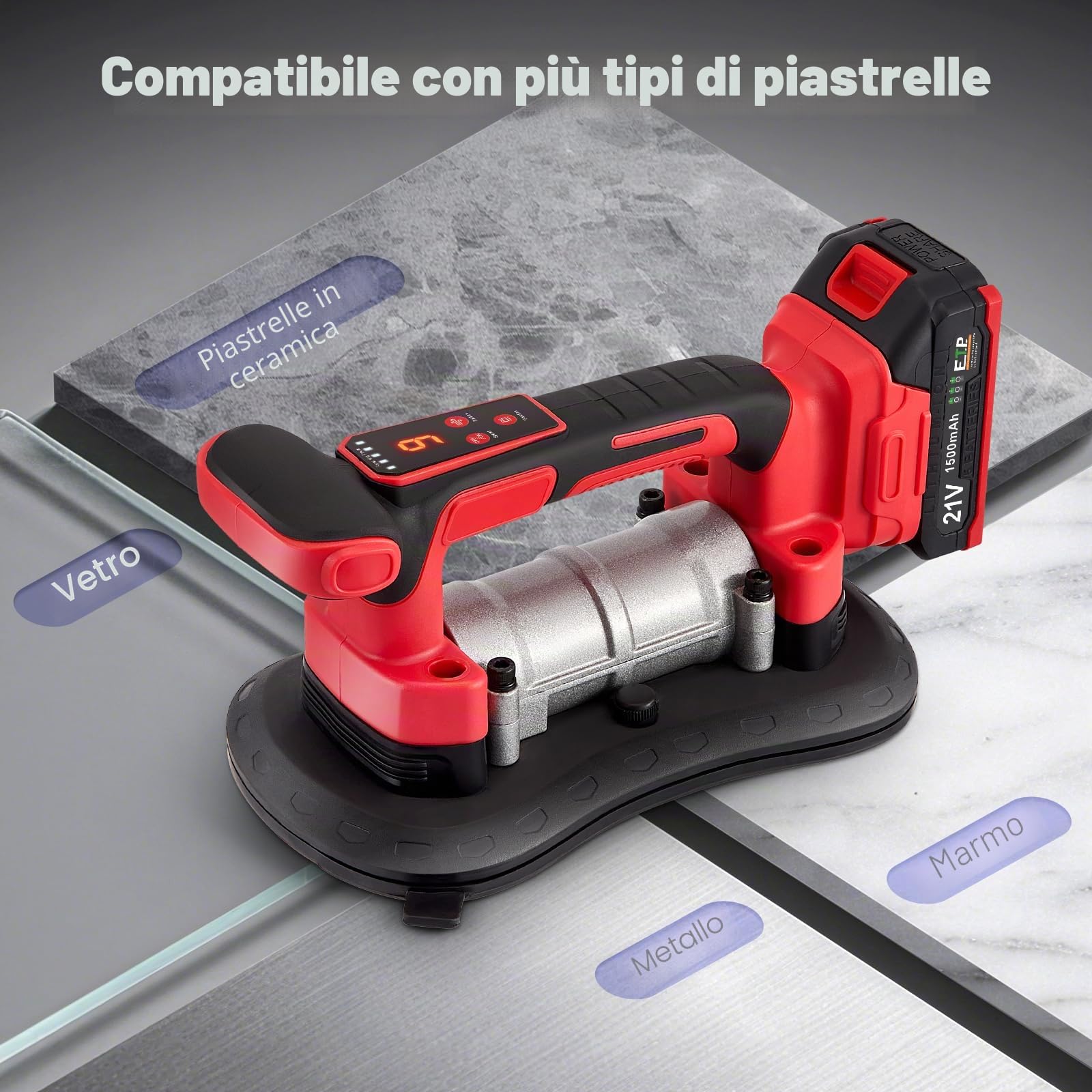 Vibratore per piastrelle e ventose a batteria 2 in 1 con leva, 9 livelli, 285 x 150 mm, ventosa 200 kg, adsorbimento per piastrelle di grandi dimensioni da parete e pavimento