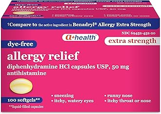 A+Health Dye-Free Extra Strength Allergy Relief Medicine, Diphenhydramine HCl 50mg Softgels, Antihistamine,100 Count