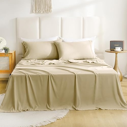 Deep Pocket Super Soft Queen Sheet Set - Luxury 4 Piece Breathable Cooling Sheets for Queen Size Bed, Fits 16" Mattress, Easy Care Wrinkle Free Bedding Sheet and Pillowcase Set, Beige