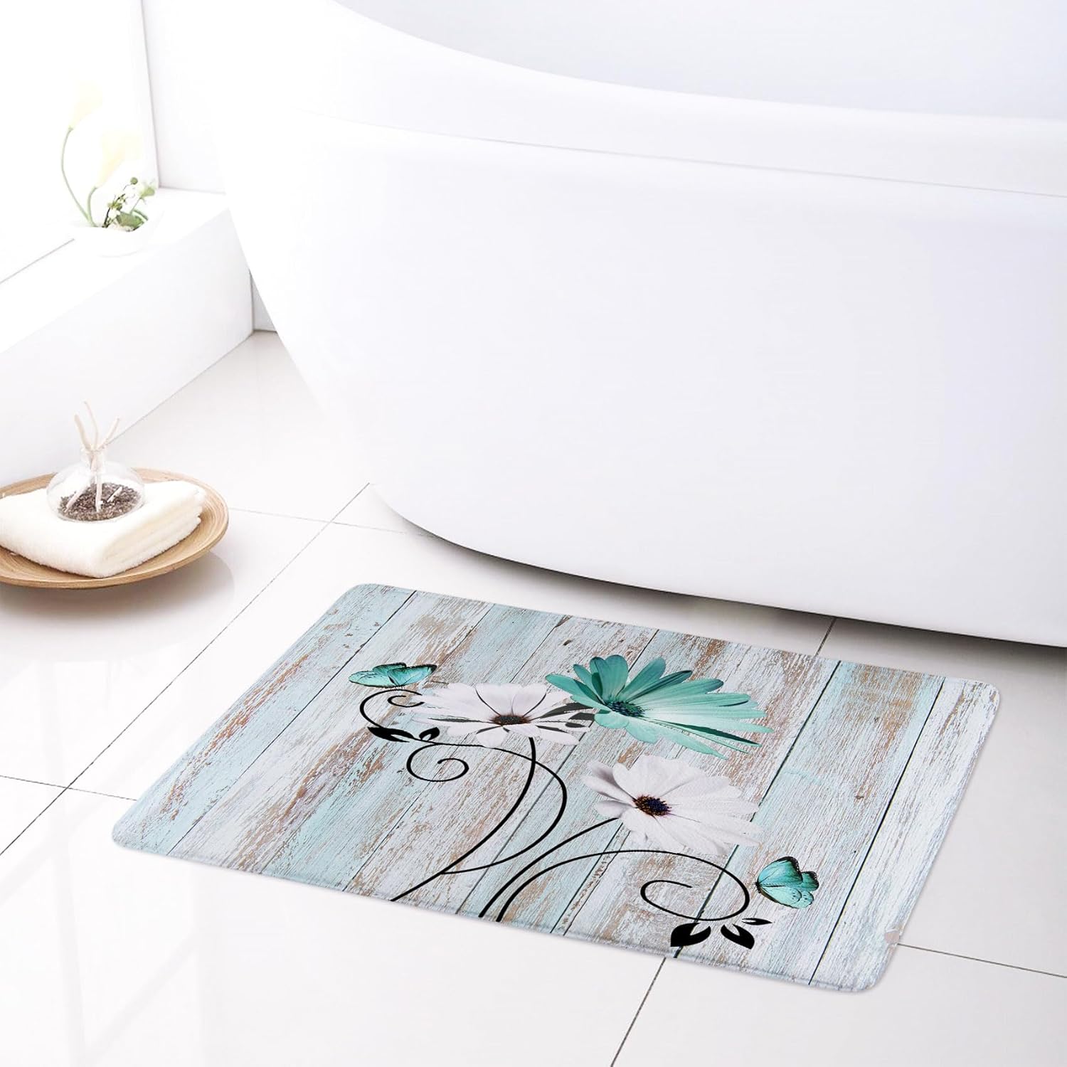 LB Teal and White Daisy Shower Curtain Sets with Rugs, Rustic Floral and Abstract Leaf with Butterfly Bathroom Sets with Shower Curtain and Rugs, Country Plant Bathroom Shower Curtain Set,72x72 inches