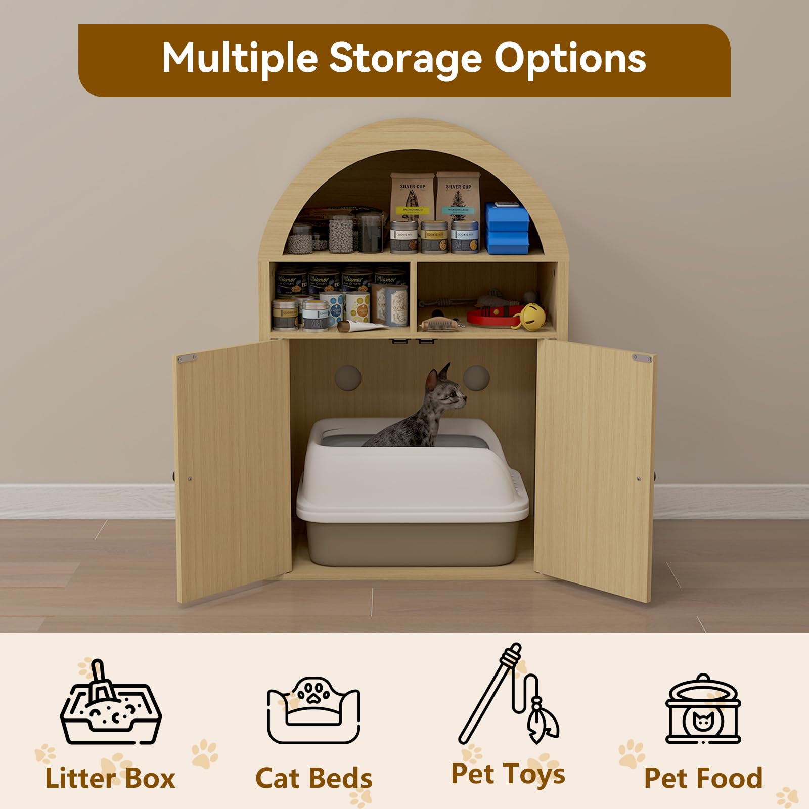Arched Litter Box Enclosure, Cat Litter Box Furniture Hidden, Cat Washroom Bench Storage Cabinet with Double Doors and Open Shelf for Bedroom, Living Room - image 3