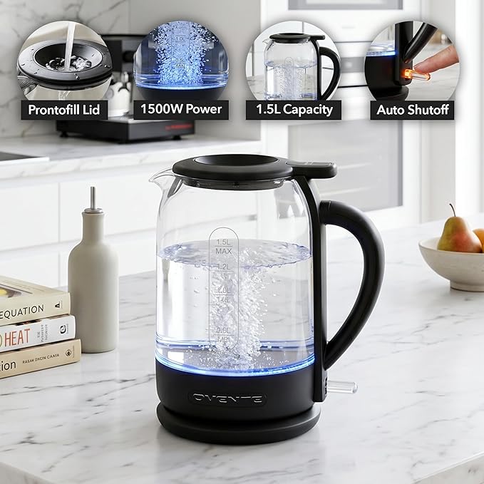 Tetera Eléctrica OVENTE 1.5L Vidrio Borosilicato 1500W Negro KG516B miniatura 4