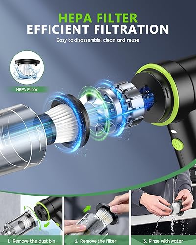 Miniatura 6 de CODN Aspiradora de mano portátil inalámbrica de 12000 PA, aspiradora de mano 2 en 1 y plumero de aire con múltiples boquillas y luz LED, mini