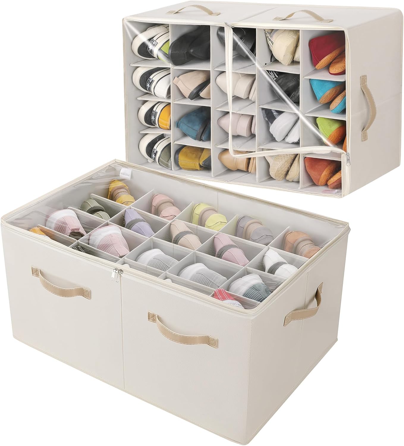 shoe organizer for closet 2 pack, foldable shoe box with adjustable divider and clear cover, space saving shoe storage organizer cabinet with reinforced handles, fits 40 pair, beige, tp11y beige-2pack extra large(26.5''l x 16.54''w x 13'h)