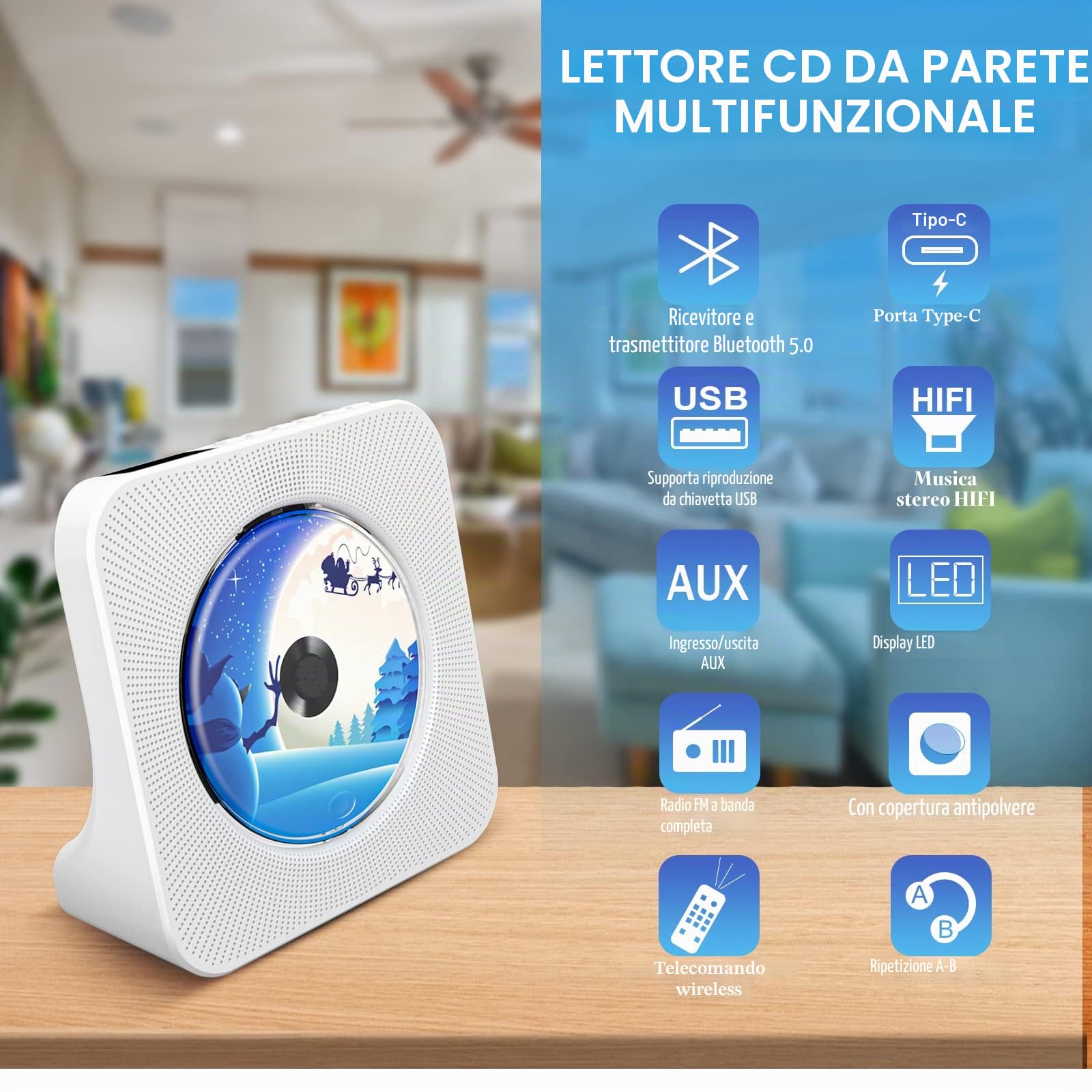 Lettore CD da tavolo con altoparlanti e Bluetooth 5.0 Bianco | Lettori CD con Telecomando Copertura antipolvere Display Radio FM Timer Riproduzione per USB e AUX