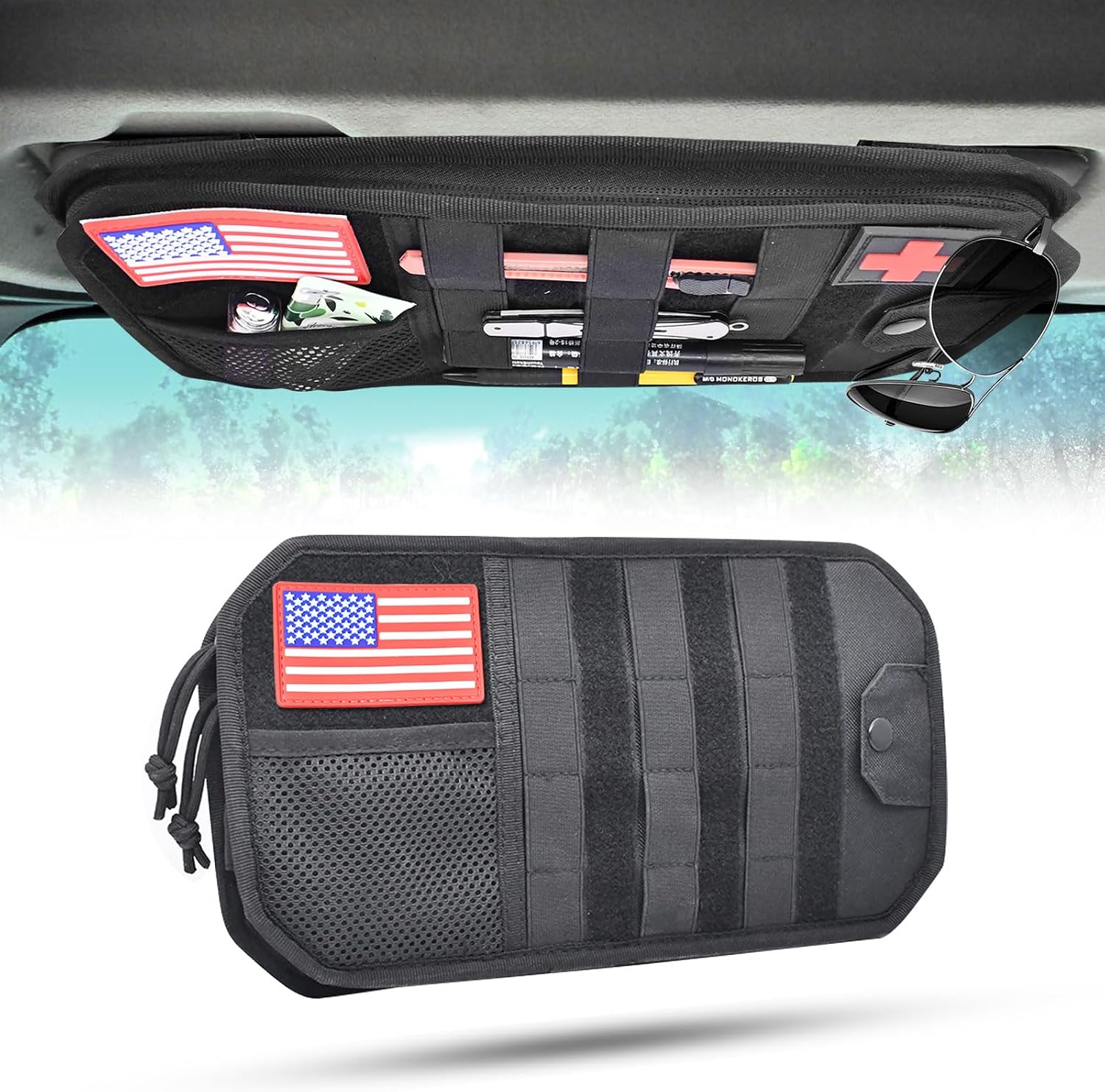 1000D Sun Visor Organizer with Zipper Visor Storage Pouch, Car Sunglasses Holder, Hard Molle Panel for Tactical Gears, Fits Most Car, SUVs, and Trucks