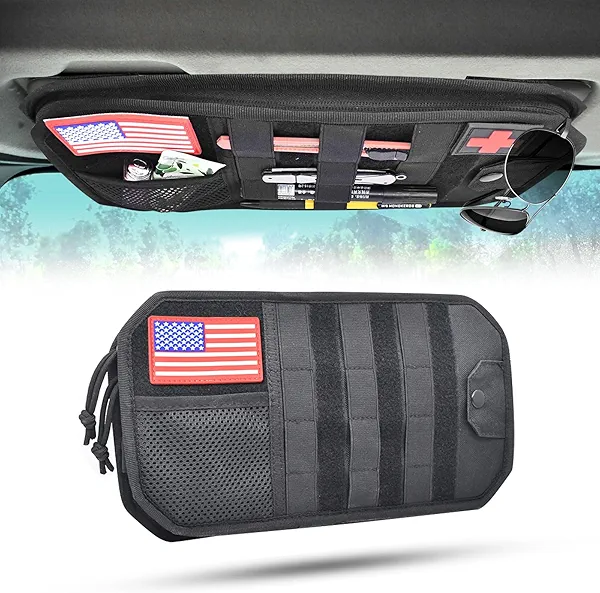 1000D Sun Visor Organizer with Zipper Visor Storage Pouch, Car Sunglasses Holder, Hard Molle Panel for Tactical Gears, Fits Most Car, SUVs, and Trucks