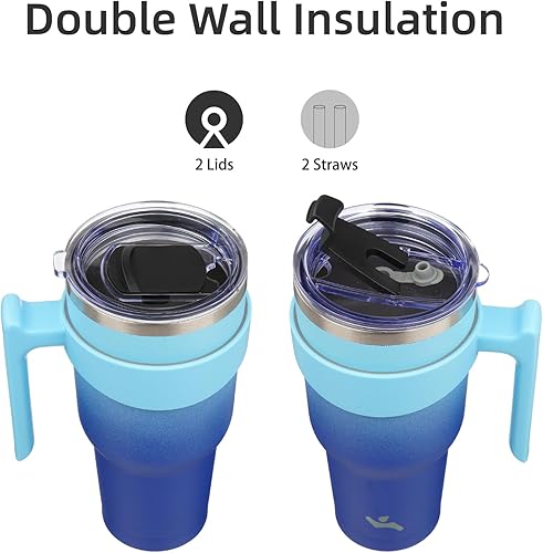 Miniatura 301 de 10 oz Tumbler with Handle and 2 Straw 2 Lid, Insulated Water Bottle Stainless Steel Vacuum Cup Reusable Travel Mug,Turquoise Negro