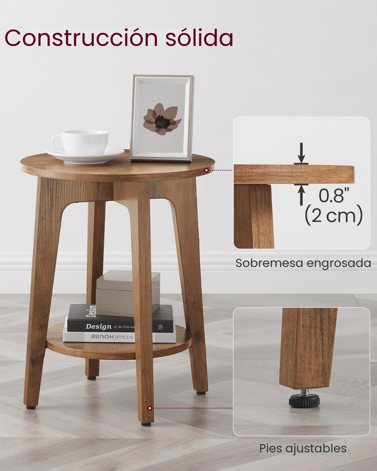 VASAGLE Mesa auxiliar, pequeña mesa redonda con estante inferior, mesita de noche para espacios pequeños, estilo moderno de granja, nogal rústico ULET283T41