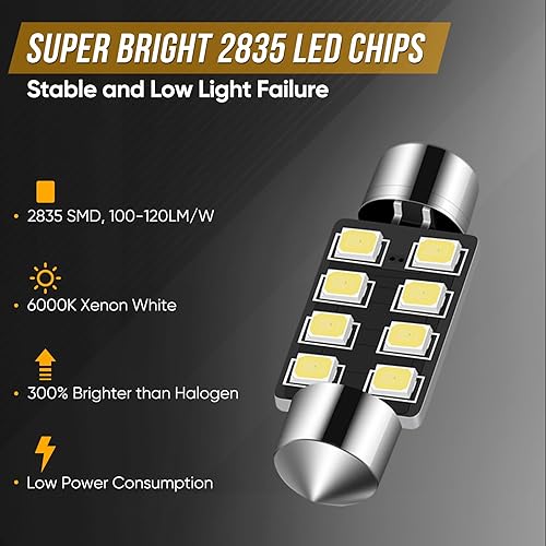 Miniatura 3 de Audak Festoon - Bombilla LED de 1.535 in 2835 8SMD Canbus sin errores, ajuste para luces interiores de cúpula de mapa, luces de cortesía, luces de
