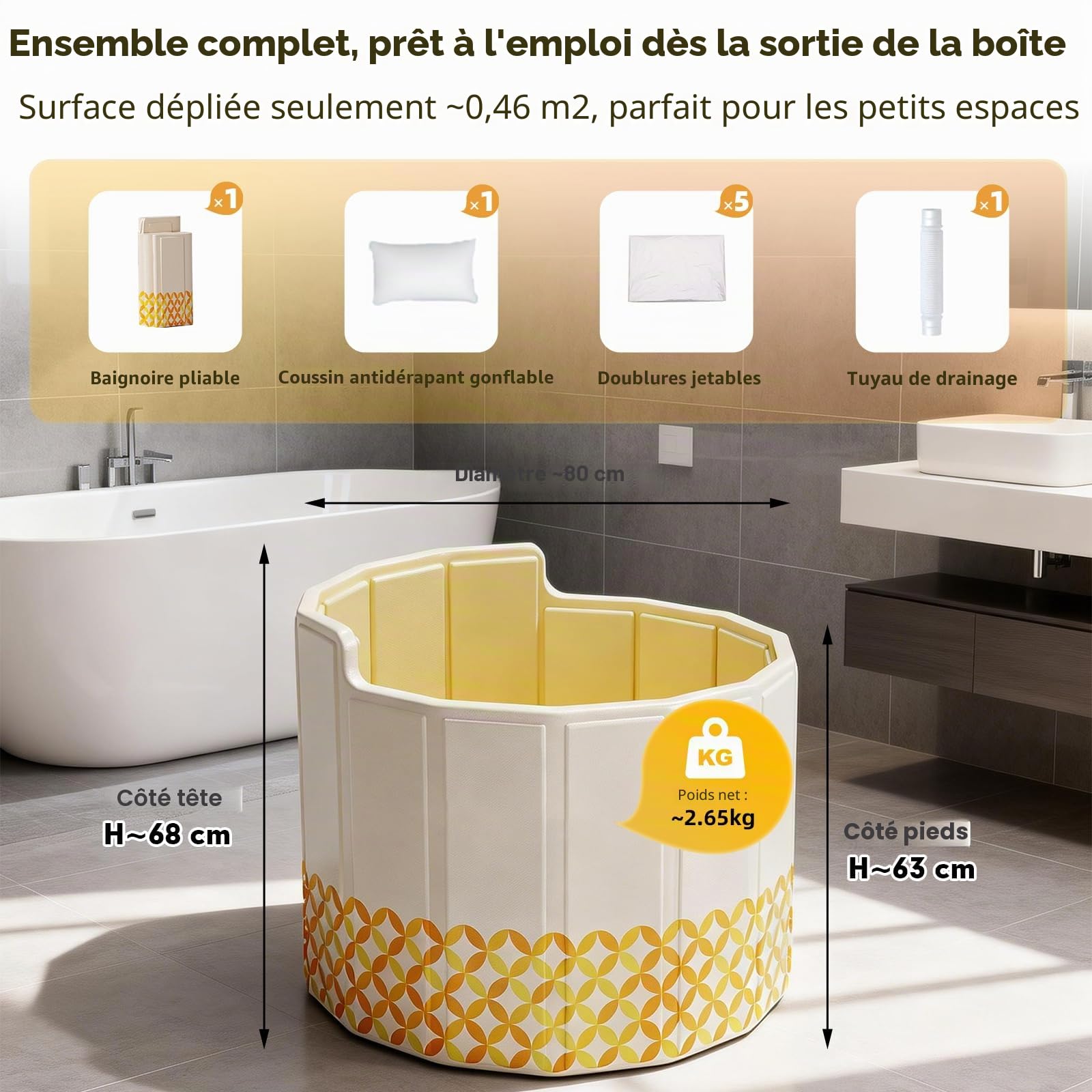 80 cm Baignoire Pliable Adulte avec Dossier, Baignoire de Douche Portable, Bain Froidet et Chaud, Aucun Assemblage Requis, pour Spa, Sauna, Inclut Coussin, Tuyau de Vidange, Set de Sacs de Bain