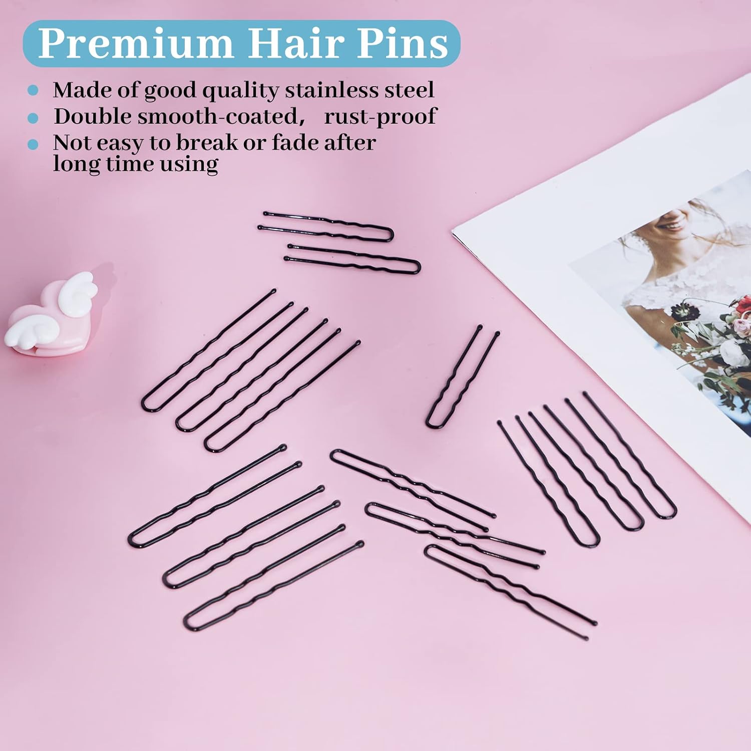 300Pcs U-Shaped Hair Pins Set for Women, Kids & Girls: 2.8IN, 2.4IN, 2IN Bobby Bun Pins with Storage Box, 2 Thick Seamless Hair Ties & 50 Elastic Hair Bands for All Hair Types, Black