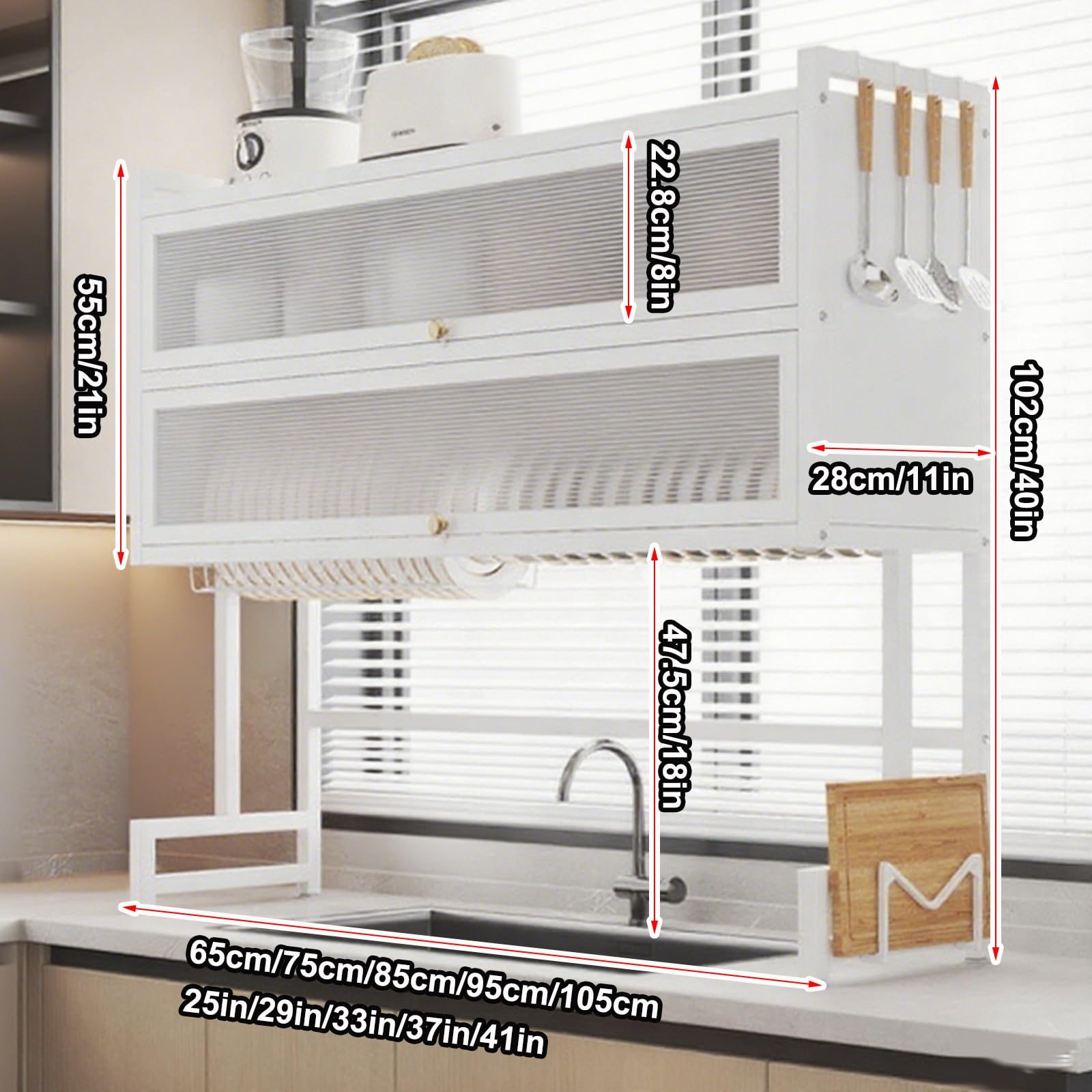 Escurridor De Platos sobre Fregadero con Tapa Estante para Platos para Organizador De Cocina, Ahorro De Espacio Pla Bandeja Escurreplatos(White Double Layer,105cm/41in)