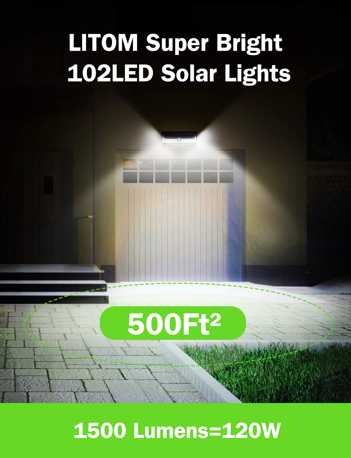Litom solar light illuminating a garage entrance, showing a 500 sq ft coverage area and 1500 lumens brightness.