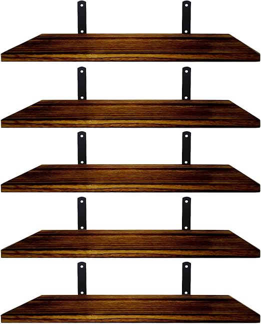 Mardili Shelves Wood Wall Mounted Shelf, Rustic Shelves Set of 5（Dark brown）, 42x15x1.5cm