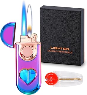 Torch Lighter, Dual Flame Butane Lighter Refillable, Windproof Adjustable Jet Flame and Soft Flame, with Heart-Shaped Transparent Gas Window, for Men Women (Without Butane)-Rainbow