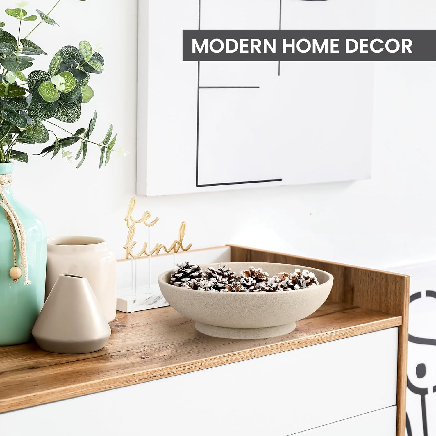 L'ARL GMVOI Large Decorative Bowl,Modern Fruit Bowl for Kitchen Counter,Handicraft Decorative Bowls for Home Decor,Stylish Key Bowl for Entry Table - Artificial Stone Beige