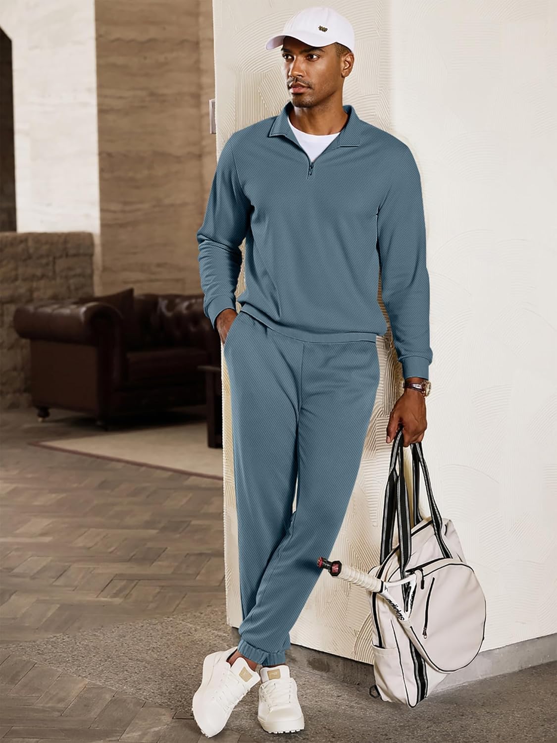 JMIERR Men Spring Lightweight Tracksuit 2 Piece Set Polo Quarter Zip Twill Sweatsuits Jogging Sweatpants Loungewear
