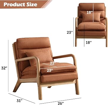 IOMOR Mid Century Modern Accent Chair, Upholstered Lounge Armchair with Plump Back Pillow, Comfy Reading Chair with Solid Wood Frame for Bedroom Living Room, Brown
