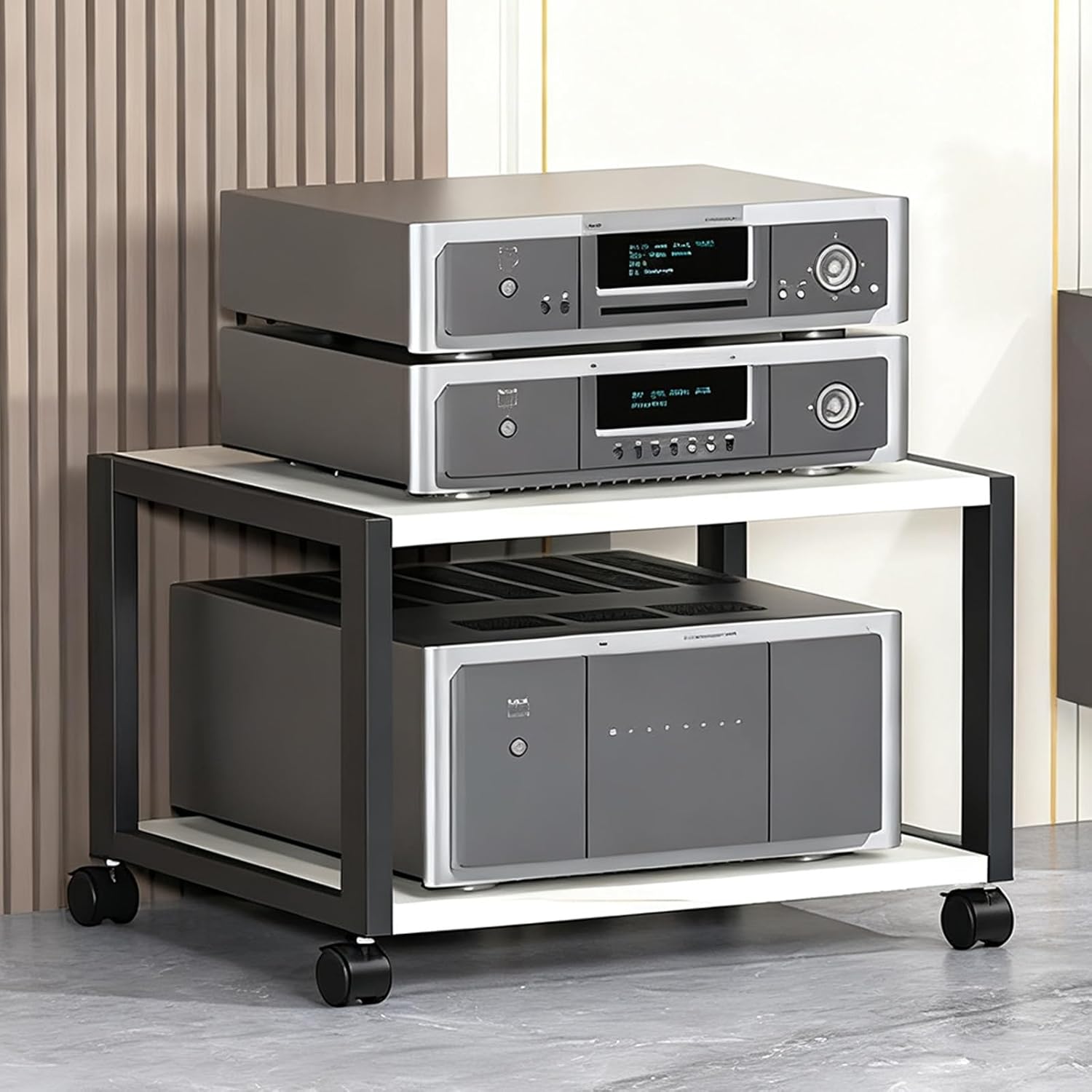 Movable AV Media Stand, 2/3/4/5 Tier Video Audio Rack, Stereo Racks and Stands, Reinforced Steel Frame, Open Record Player Stand, Easy to Assemble(White,2 Tier 50x40x49cm)