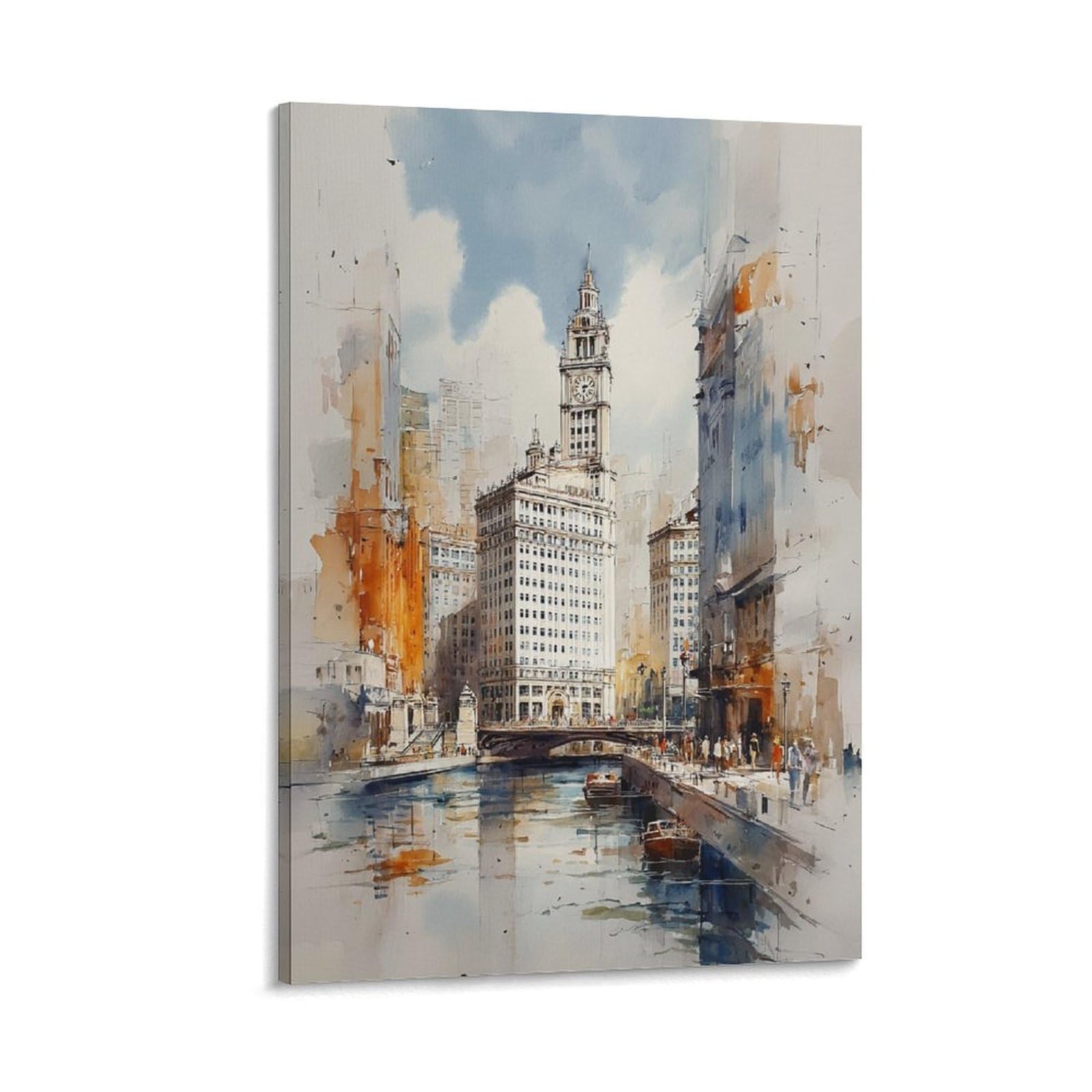 XWYMXZ Chicago Watercolor Vibrant Travel Poster 24x36inch(60x90cm) Vintage Watercolor Canvas Art