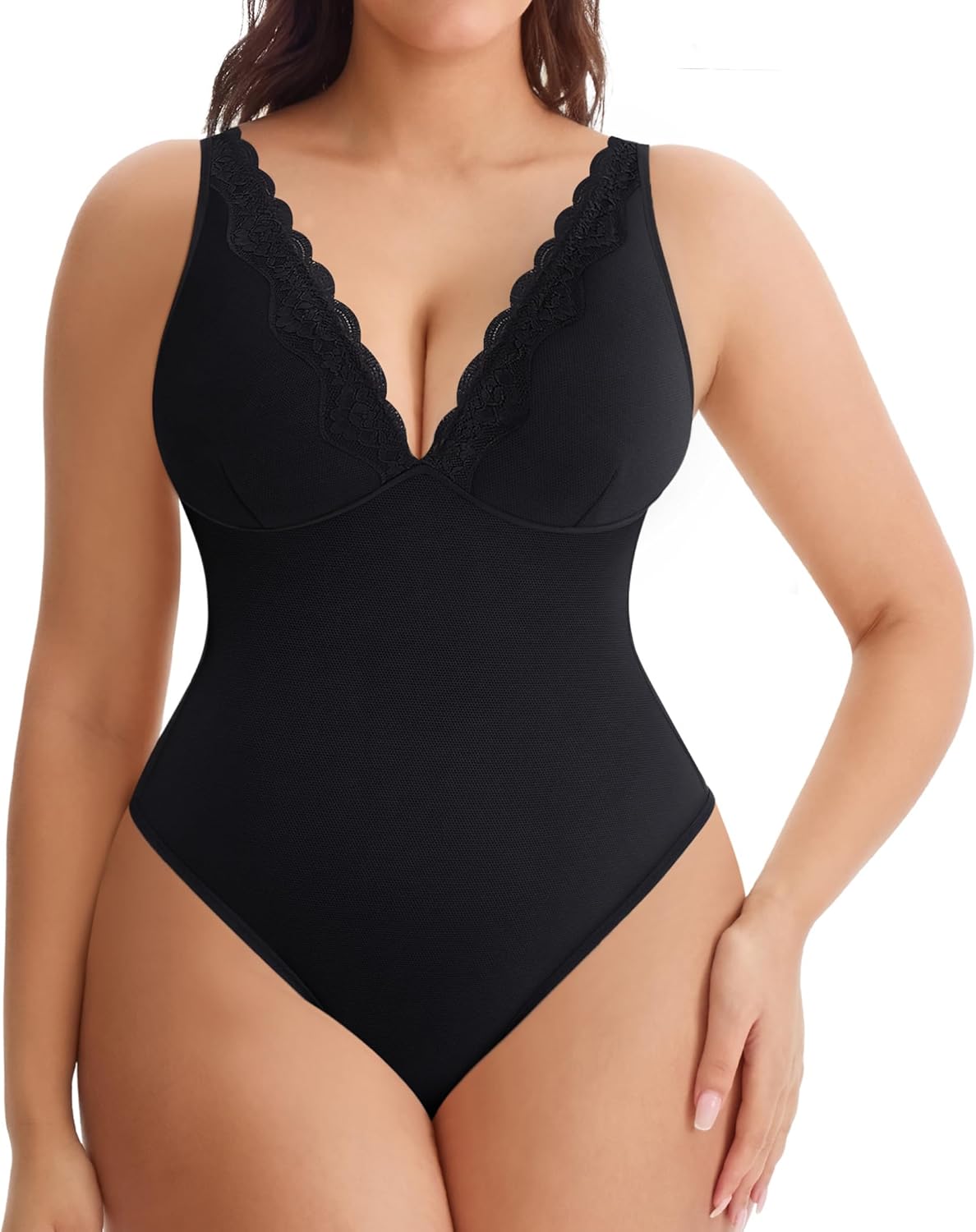 MERYOSZ Shapewear Bodysuit Tummy Control Body Shaper for Women V Neck Bodysuits Thong Lace Camisoles Jumpsuit Tops
