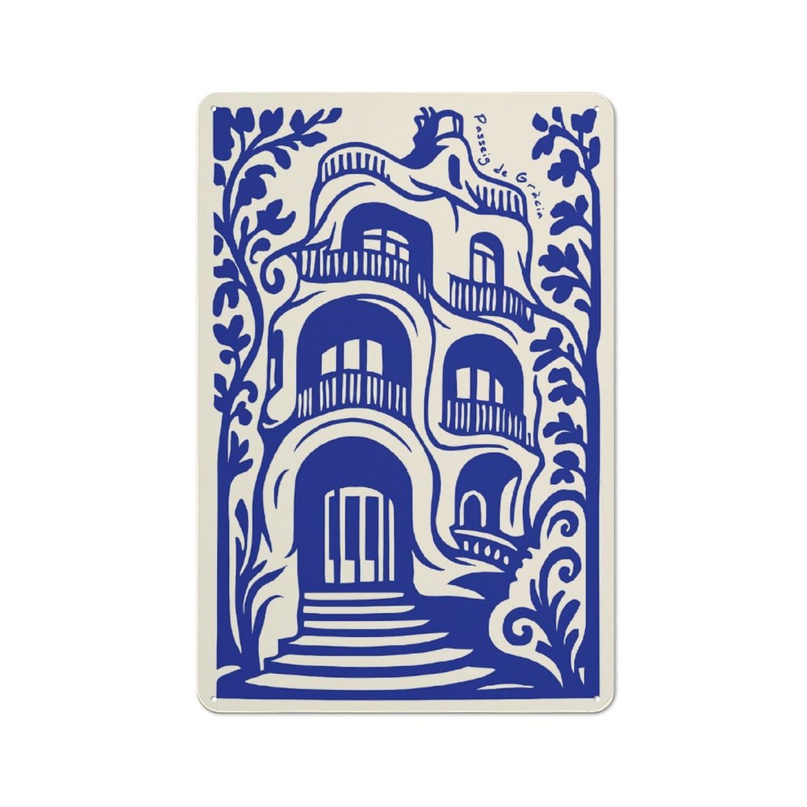 Junmoney Style-23 Passeig De Gràcia Building Illustration Industrial-Style Tin Sign 30X20cm For Garage Or Workshop, For Garage, Workshop And Man Cave Decoration