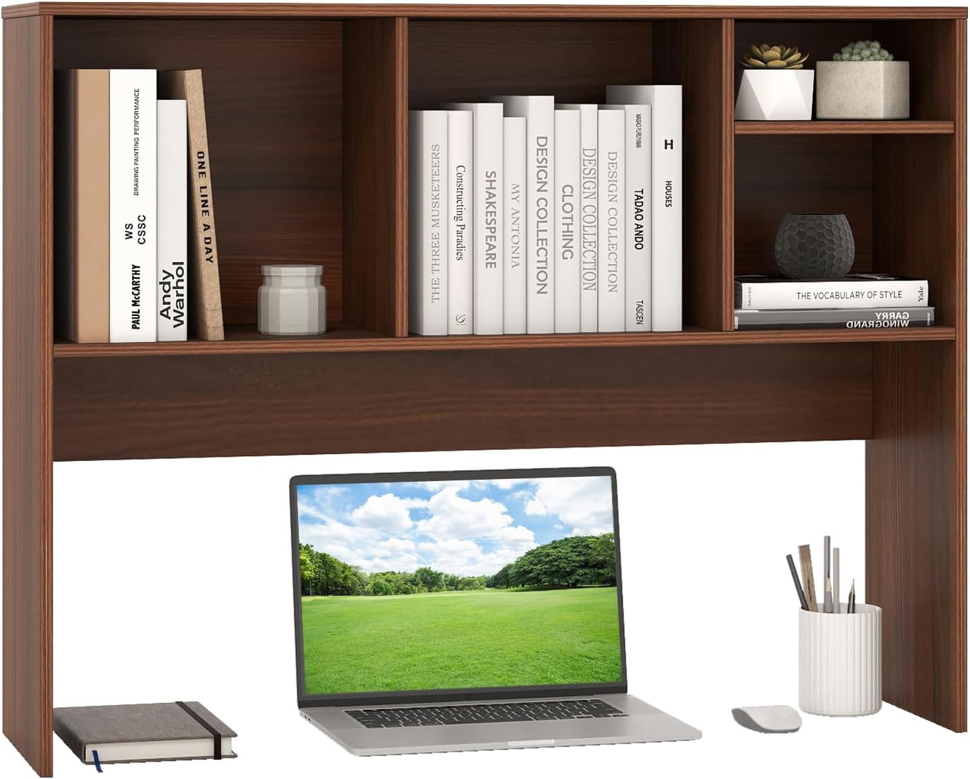 Giantex Desktop Bookshelf, Countertop Storage Hutch with 4 Shelves for Computer Desk, Dressing Tabletop Display Rack, Multipurpose Desk Hutch Storage Organizer for Home Office Dorm (Walnut)