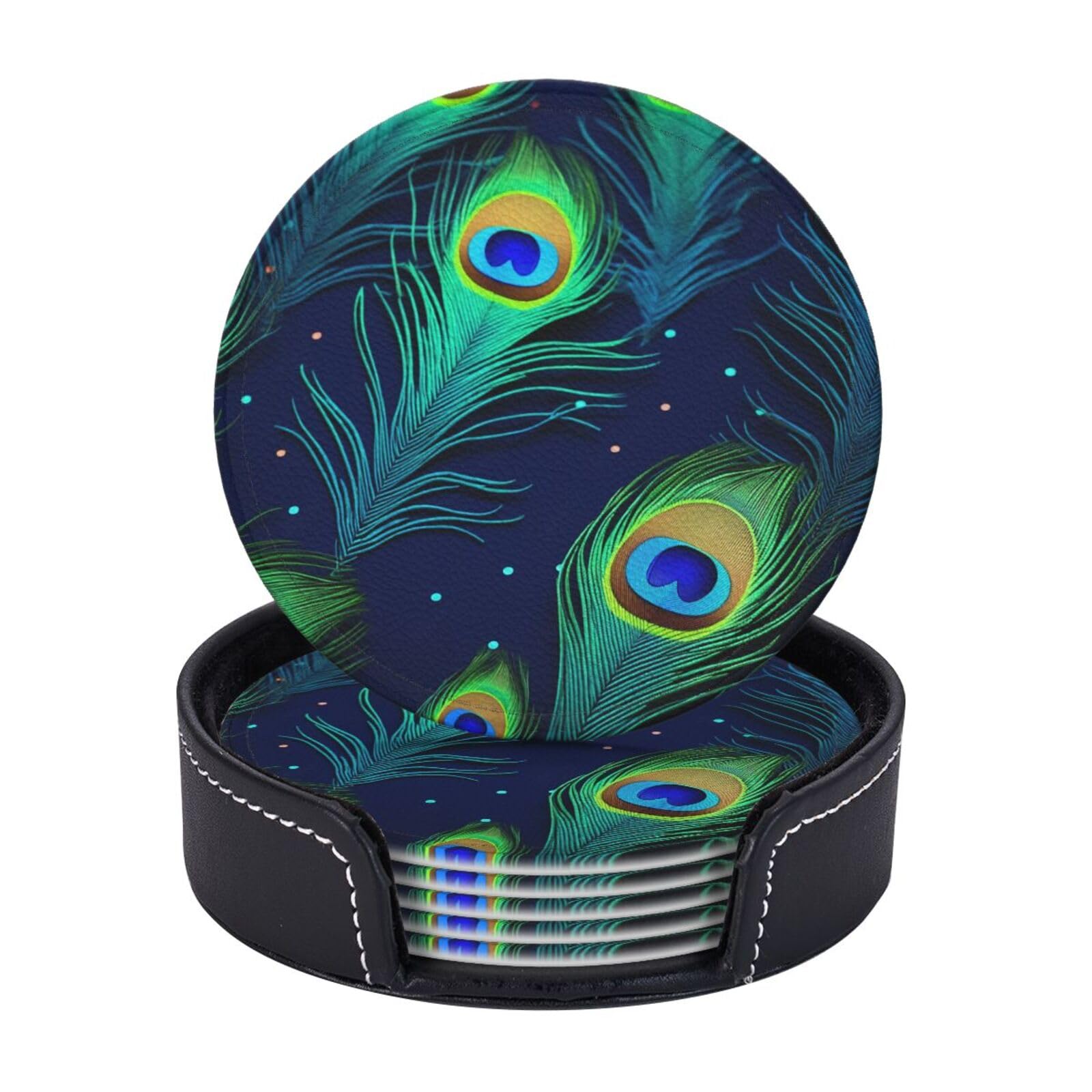 6PCS Drink Coasters with Holder, 4" Leather Coasters for Drinks, Peacock Feather Cup Coasters for Coffee Table Decor, Non-Slip Drinking Cup Mat for Hot or Cold Drink