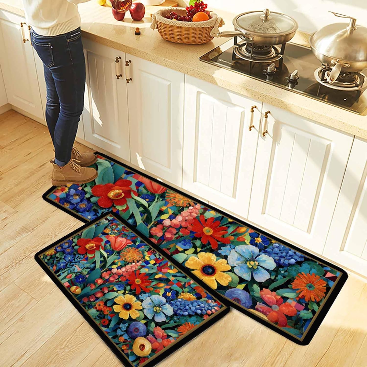 Spring Wildflowers Kitchen Rugs and Mats Set of 2, Non-Slip Kitchen Sink Mat, Modern Abstract Art Daisy Floral Leaves Washable Doormat Bathroom Rugs Runner for Bedroom 19.7"x31.5"+19.7"x63"