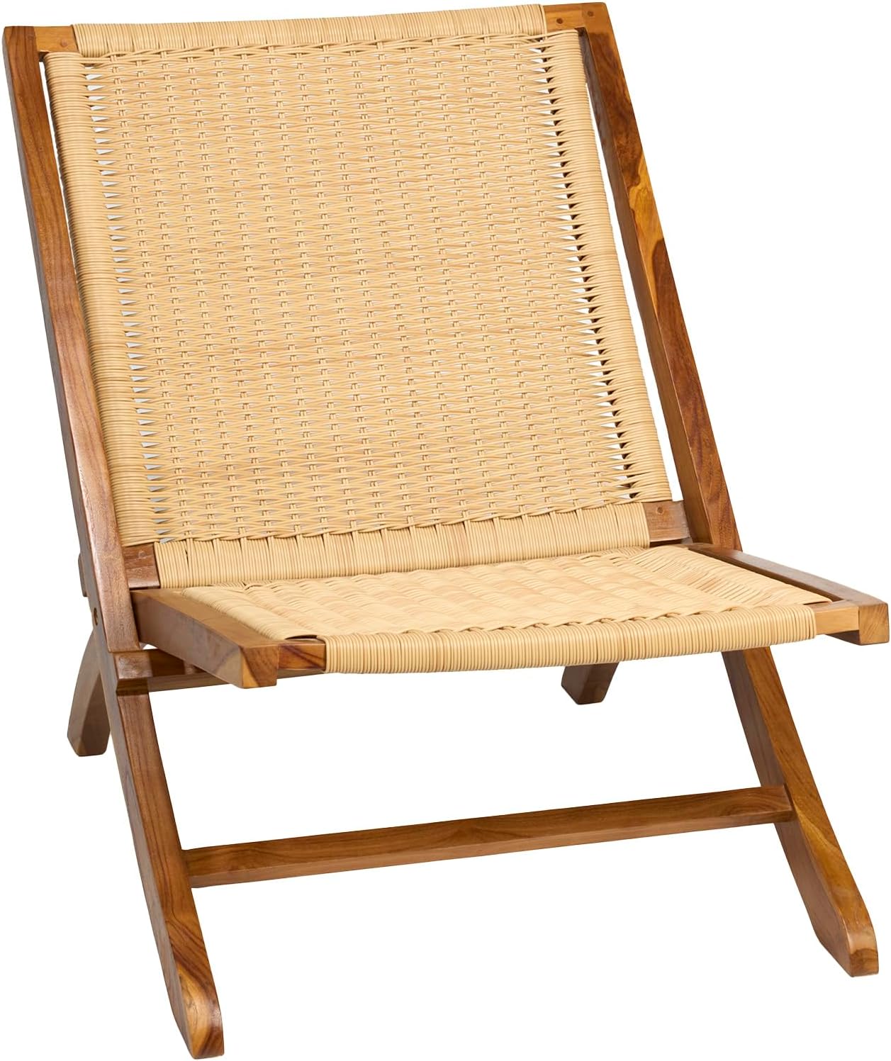 TeakCraft Ediz Foldable Teak Rattan Lounge Chair - Handcrafted Mid-Century Modern Recliner for Indoor Outdoor Use