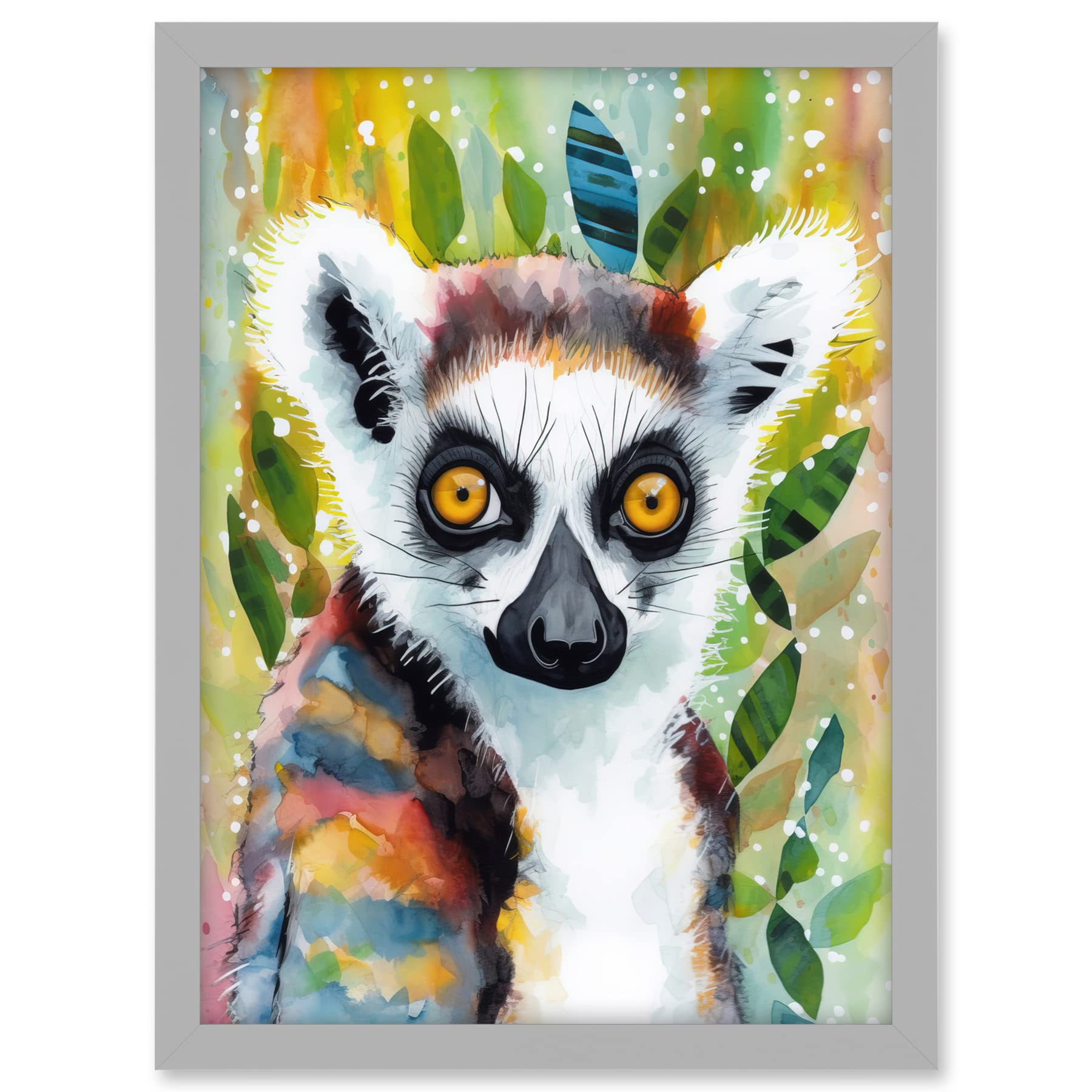 Lemur Portrait Folk Art Watercolour Painting Artwork Framed A3 Wall Art Print