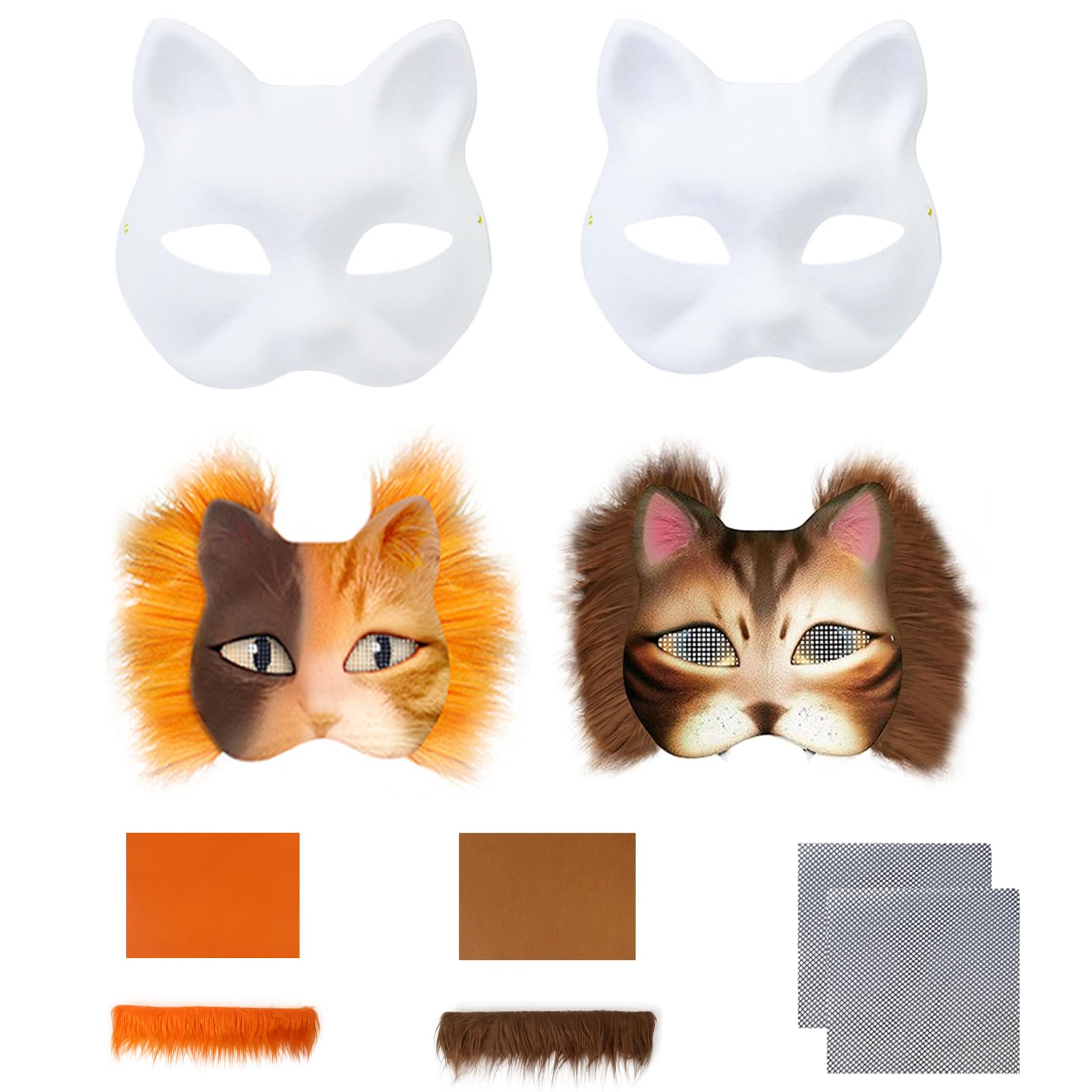 KxrTpx Mask, Furry Mask for Creative Expression, DIY Cat Mask Kit with Pre-Cut Materials, Two Complete Mask Sets in Orange and Brown with Adhesive Felt and Mesh Fabric