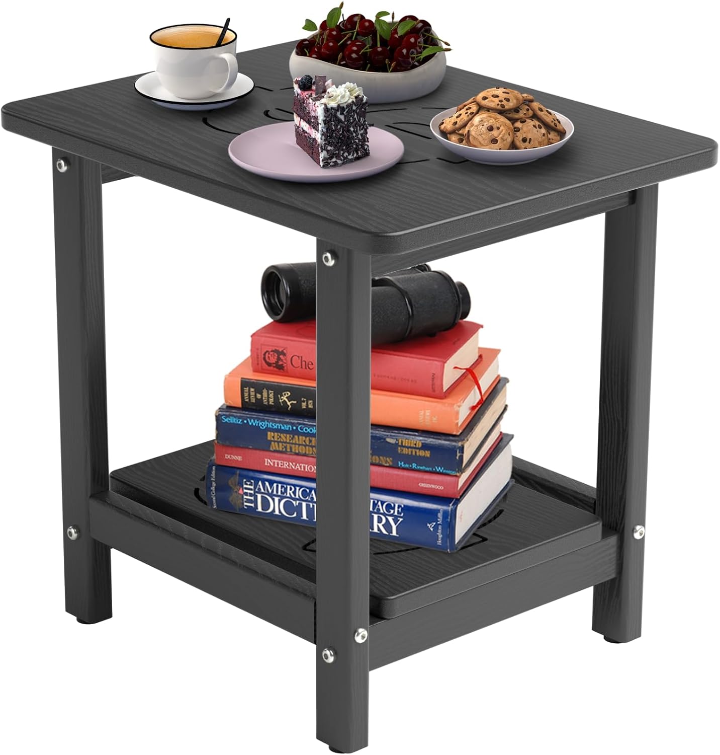 18.9x15x17.9in HDPE Outdoor Side Table, Weatherproof Small Outdoor Table for Adirondack, Patio, Porch, Balcony, Poolside (2-Tier, Black) Black 2-Tier