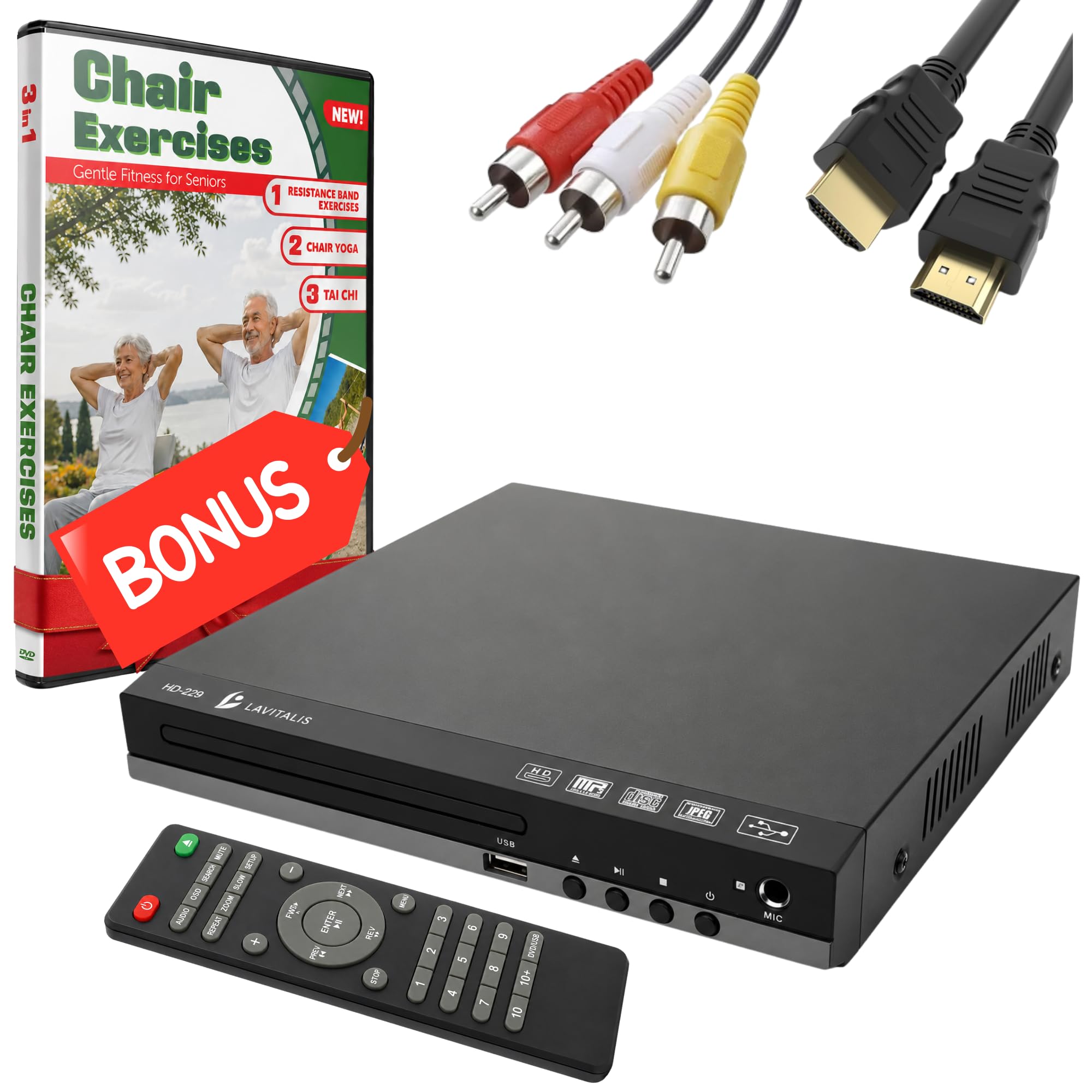 DVD-Player für Fernseher mit HDMI-Anschluss 1080P, DVD-/CD-Player für alle Regionen mit USB-Eingang, Fernbedienung, HDMI- und Cinch-Kabel im Lieferumfang enthalten, inklusive Bonus Stuhl-Übungs-DVD