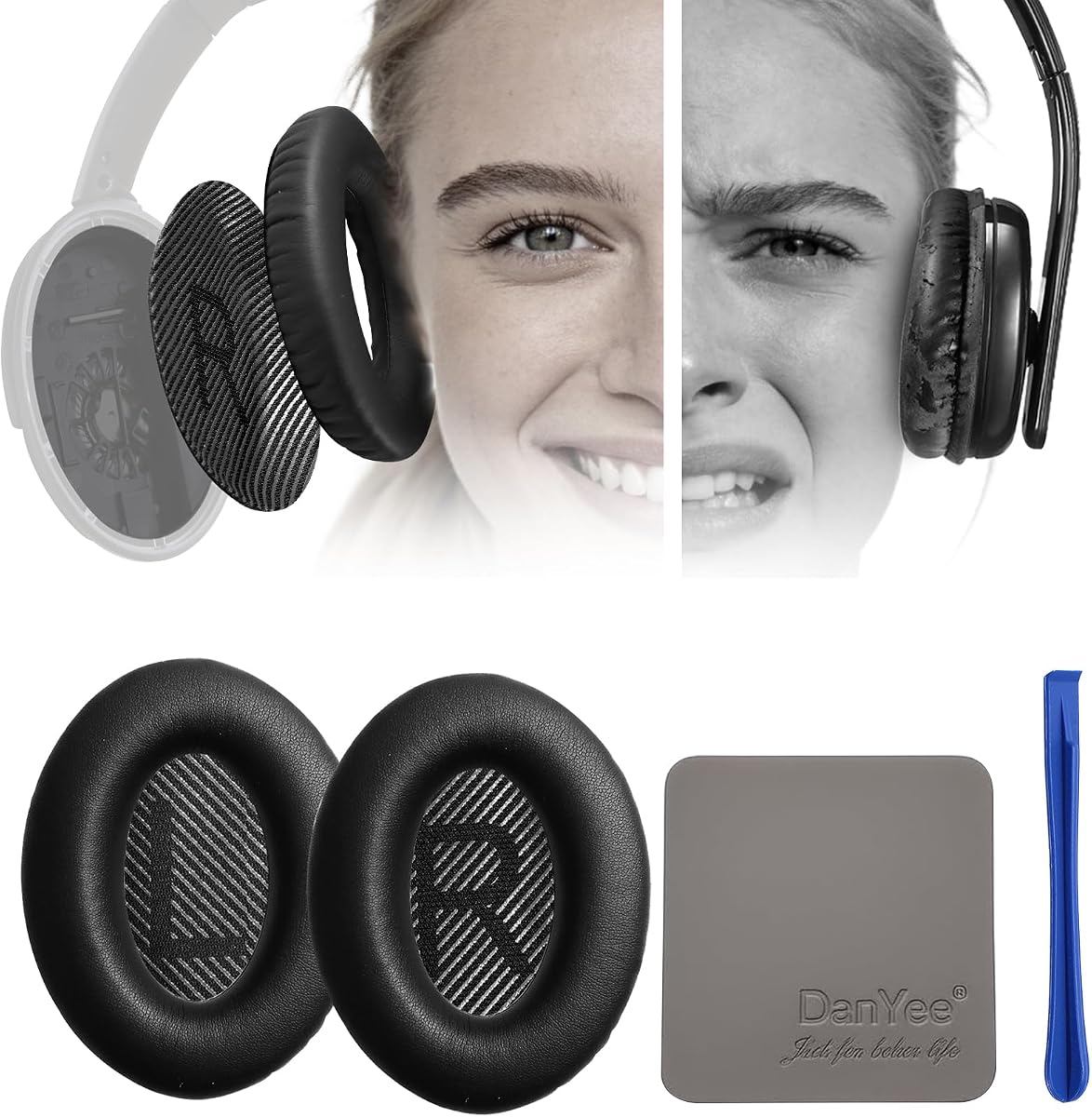 DanYee Almohadillas Bose con cancelación de ruido de repuesto para Bose QC15 25 35 y 35II-Restaurar cancelación de ruido-Bloquear el ruido como original durante el viaje-A prueba de sudor y ajuste seguro-Espuma viscoelástica suave-Fácil instalación-Negro